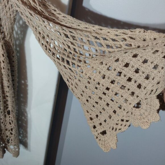 Crochet Dress Swimsuit Cover Up One Size Fishnet Scalloped Hem Flared Sleeves - Picture 2 of 6